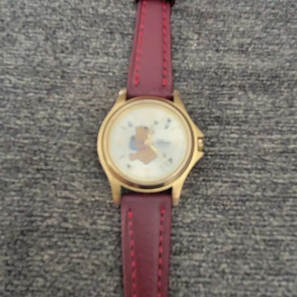 Vintage Disney Time Works Winnie The Pooh Boys Watch Gold Champagne Dial Brown